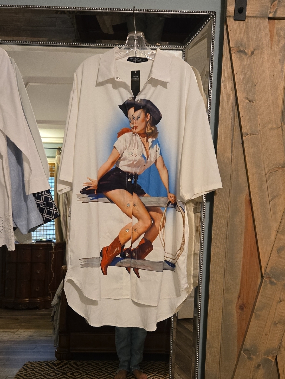 Lucky & Blessed White Graphic Button-Down Shirt with Printed Detail